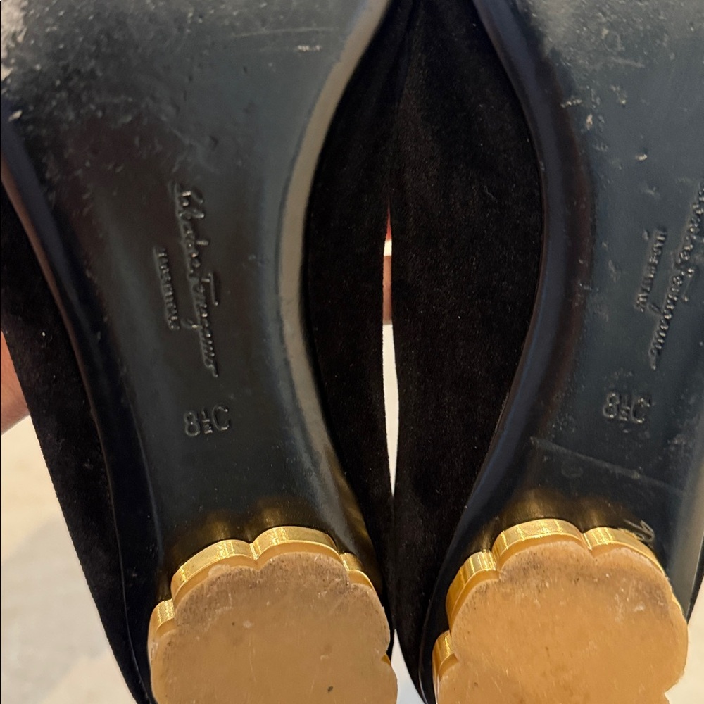 Salvatore Ferragamo Black Velvet Flats with Gold Detail - Picture 7 of 7